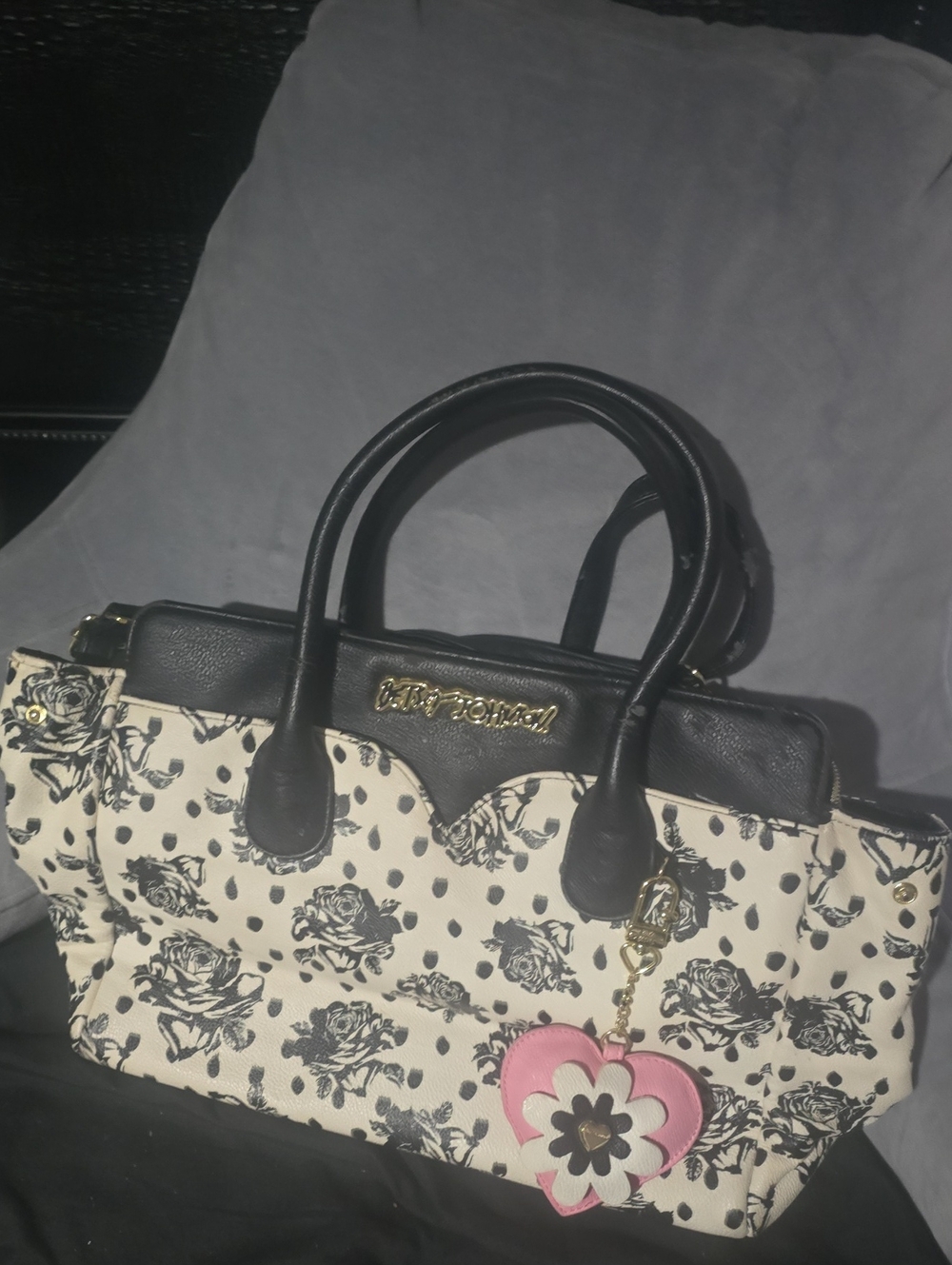 Betsey Johnson Black & Cream Floral Satchel with Pink Heart Charm Accent